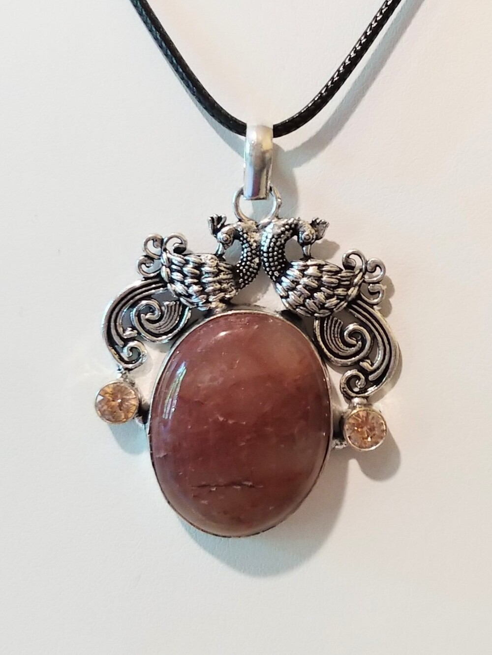 NWOT Natural Strawberry Quartz Double-Peacock Pendant .925 Sterling Overlay